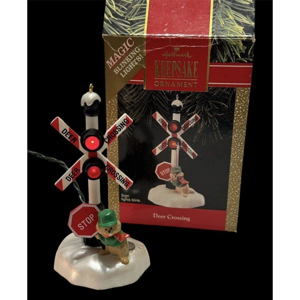 Hallmark 1990 DEER CROSSING Train Magic Lights Christmas Keepsake Ornament READ